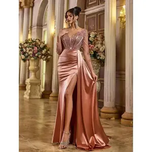 Elegant & Luxurious V-Neck Long Sleeve Lace Sequin Embroidered Bodycon Fishtail Maxi Dress With Sheer Panel, Stretchy Crepe Fabric, Suitable For Wedding, Party, Cocktail, Holiday, Gala Event, Wedding Guest Dress, Formal Dress, Evening Dress, Gown