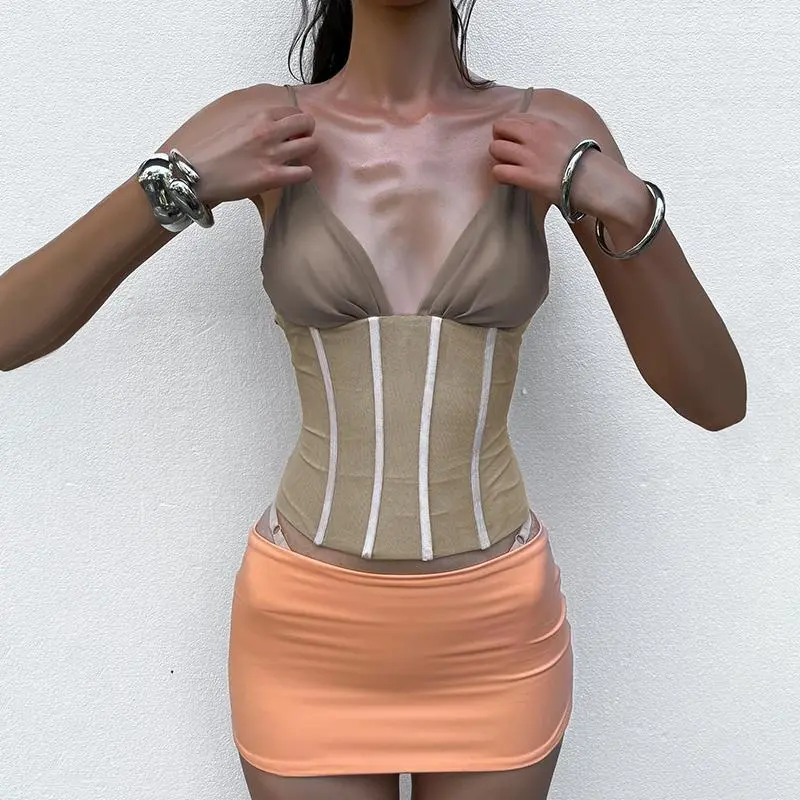 V Neck Mesh Corset Sheer Panel Cami Top for Women's 2026 Summer New Crop Top with Adjustable Spaghetti Strap Underbust Boning Slim Fit Bodycon Sexy Dating Club Outfit
