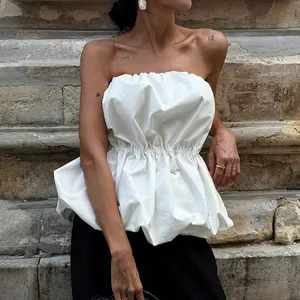 Woman's White Strapless Peplum Top, Breathable Woven Fabric, Wrinkle Resistant, Structured Non-saggy, Skin-friendly, Spring Summer, Cinched Waist, Hide Belly Fat, High Waistline, Versatile, Dating, Outing, Seaside Vacation, Gathering,