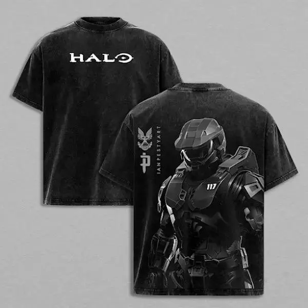 Women's Halo Master Chief Double Printed Acid Washed Classic Garment Tee, Handmade Smooth Soft Cotton Shortsleeve Crew Neck, Oversized Loose Lightweight Retro Streetwear Gaming Gamer Top, Casual Daily Wear Holiday Gift, Apparel