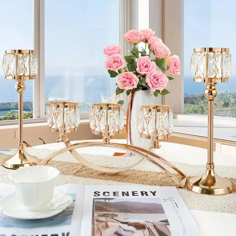 3-Piece Set, 3-Arm Crystal Bowl Tealight Candelabra, Votive Candle Holder, Wedding Centerpiece for Tables, Crystal Candlesticks, Home Decor, Home Accessories, Living Room, Home Decoration