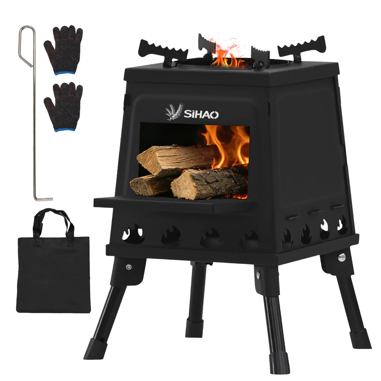 Foldable Camping Wood Stove 300mm/220mm with Carrying Bag, Fire Hook & Heat-Resistant Gloves - Portable Outdoor Cooker for Camping, Hiking, Backpacking