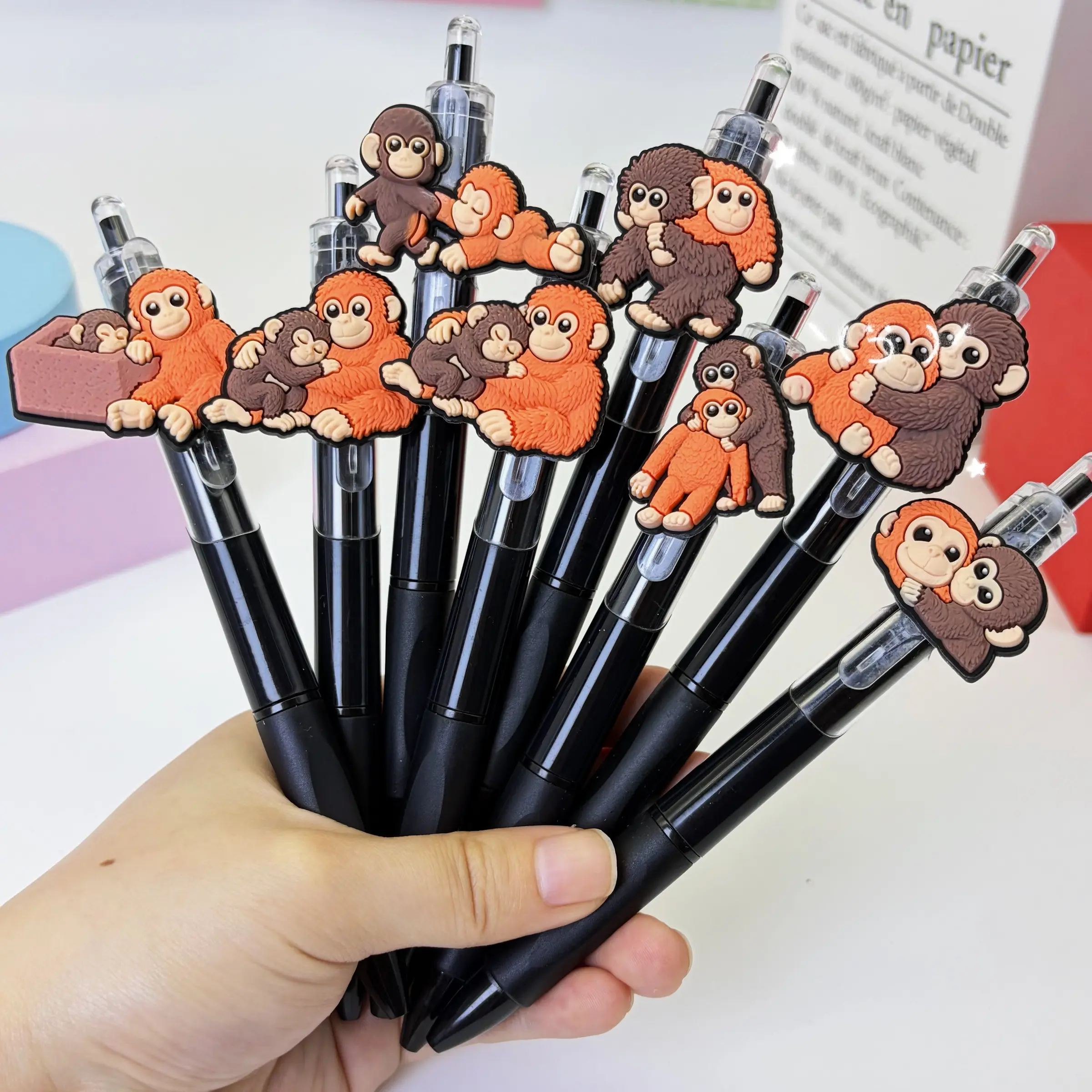 15/20pcs Cute Monkey Shape Ballpoint Pen Set, 0.5mm Smooth Writing Ink, Creative Office Supplies, Press-Down Mechanism, Aesthetic Pens