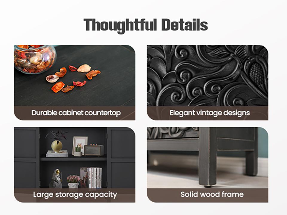 [New Year] PHI VILLA Black Accent Cabinet with 2 Carved Pattern Doors, Solid Wood Frame & Legs for Entryway and Living Room Furniture Design Interior Storage, Christmas Gift