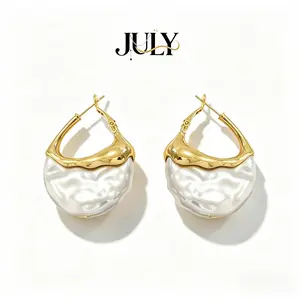 JULY Gold Geometric Hoop Earrings with Irregular Imitation Pearl, Waterproof Colorfast Stainless Steel Jewelry, Elegant Daily Commute & Dating Accessories