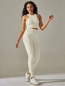 Women's Solid Racer Back Crop Tank Top & High Waist Leggings Sportswear Set, Fitted Design Activewear, Breathable Sweat-absorbing Yoga Set, Ladies Sportswear for Indoor Outdoor Wear