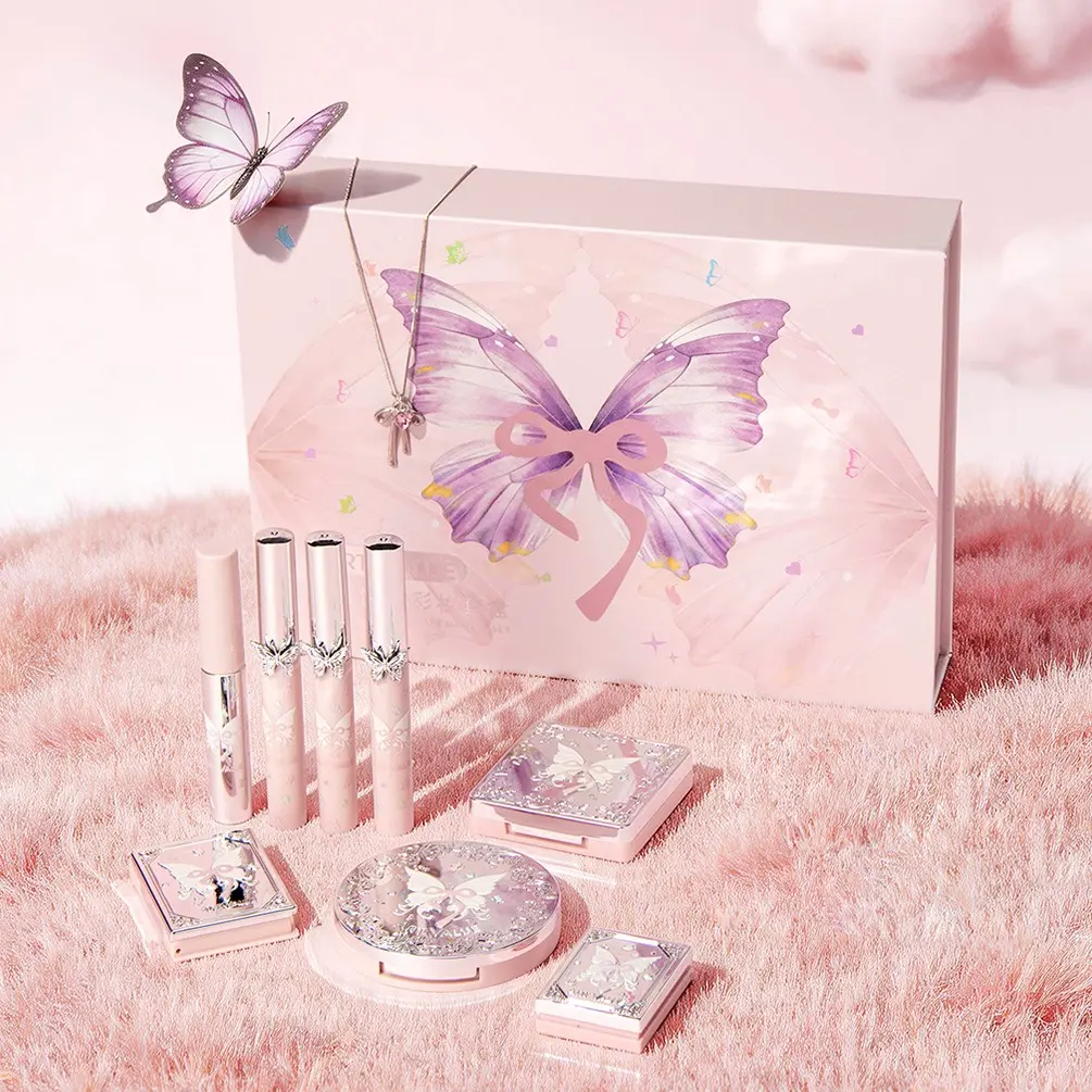 Dreamy Pink Butterfly Cosmetic Makeup Set | Includes 4-Color Eyeshadow, Blush, Highlighter Powder, Pressed Setting Powder, Brow Tint, 3 Lip Muds & Delicate Necklace, With Free Gift Bag, Ideal for Gifting, Makeup Kit