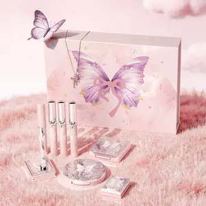 Dreamy Pink Butterfly Makeup Set | Includes 4-Color Eyeshadow, Blush, Highlighter Powder, Pressed Setting Powder, Brow Tint, 3 Lip Muds & Delicate Necklace, With Free Gift Bag, Ideal for Gifting