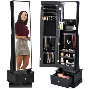 Best Choice Products 360 Swivel Standing Mirrored Jewelry Cabinet, LED-Lit Makeup Organizer w/ Mirror
