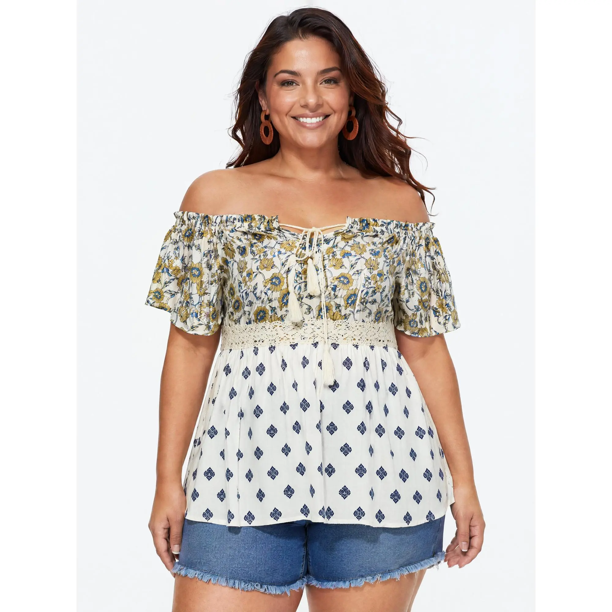 BloomChic Plus Size Ethnic Floral Off-Shoulder Top, Regular Length Smooth Garment with Color Contrast for Office Wear, Sleeve, Rayon, Blouse, Fabric, Ruffle, Shirts, Plus Size Tops, Trendy Blouses, Shortsleeve, Iron After Pack