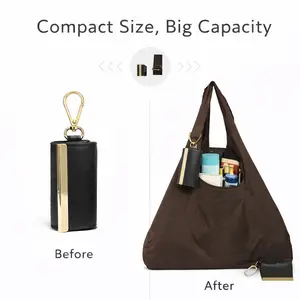 Keychain Tote Bag Expandable Leather Mini Bags with Key Ring Foldable Reusable Grocery Bag Portable Travel Handbag for Daily Errands Shopping