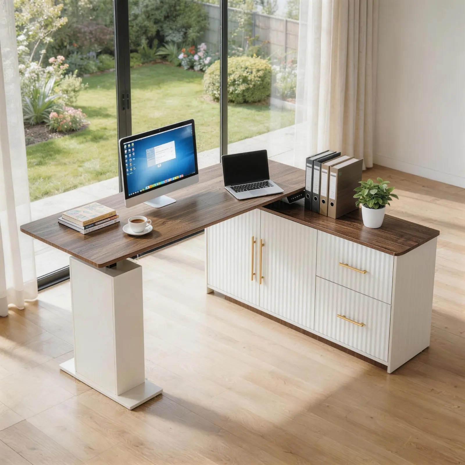 NORTHSKY 55 Inch L Shaped Electric Standing Desk Rustic Brown Modern Fluted Corner Sit Stand Desk with Drawers Storage Cabinet for Home Office White Computer adjustable large computer desk
