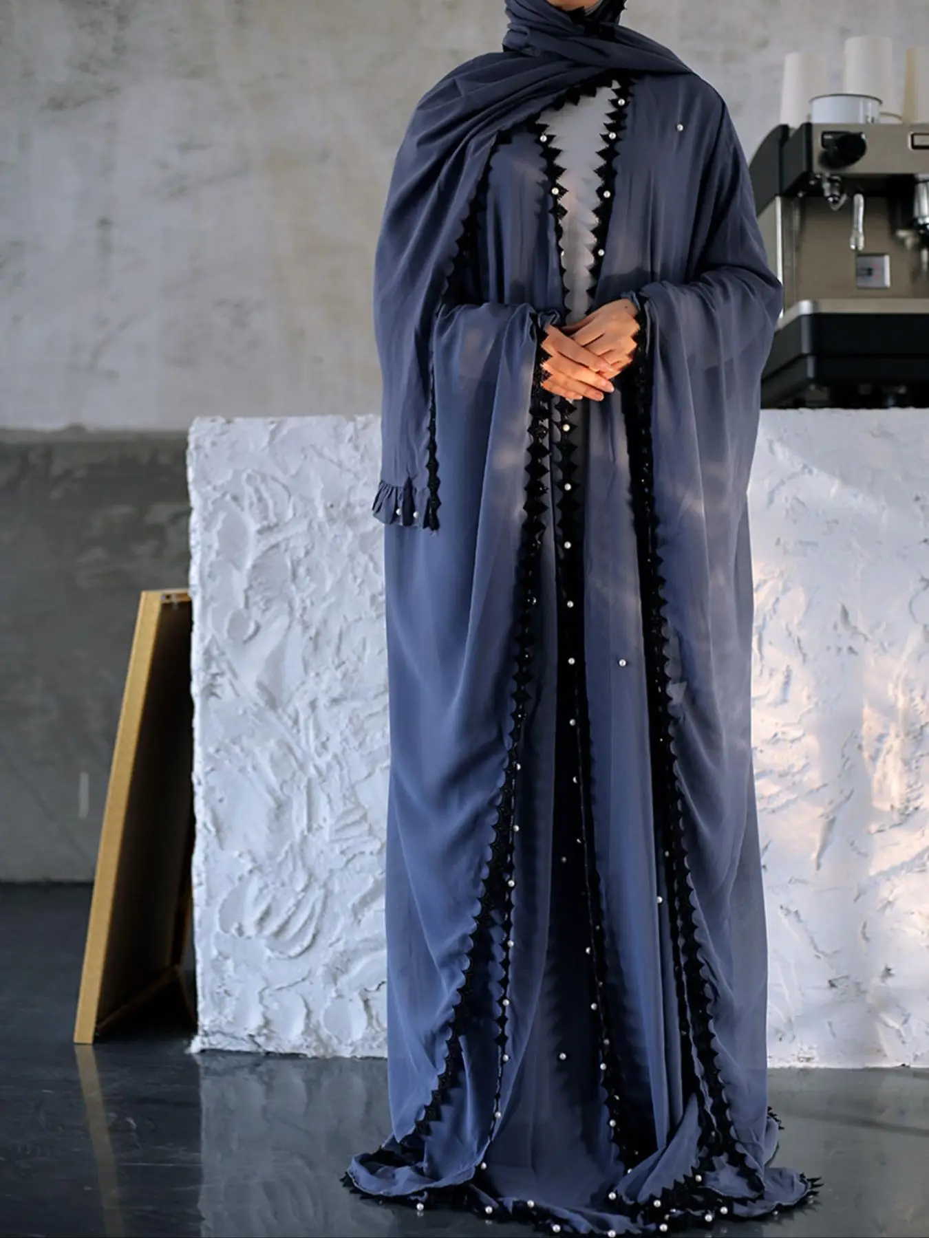 Women's Faux Pearl Decor Contrast Lace Batwing Sleeve Abaya & Hijab Two-piece Set, Modest Long Sleeve Open Front Abaya & Hijab, Ladies Islamic Clothin