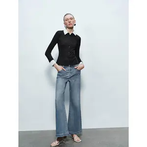 URBAN REVIVO Lady's 2026 Spring New Minimalist Basic Longsleeves Blouse - Women's Fitted Skinny Cotton-Wool Blend Thin Top, Color-Block Open-Front Faux 2-Piece Shirt, UWM250020