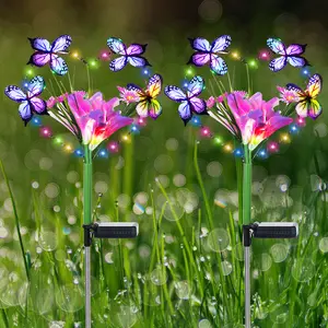 Solar Garden Lights Waterproof, Solar Outdoor Lights with Butterflies and Flowers, 7 Color Changing Solar Flower Lights for Garden Patio Yard Outdoor Wedding Decor, Gifts for Women (2-Pack) Energy Saving