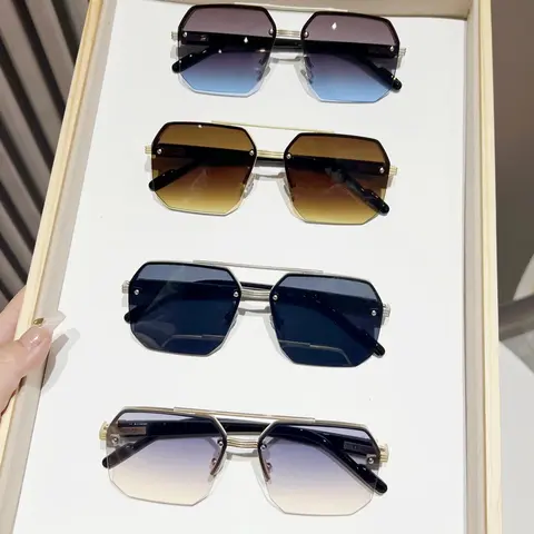 Men's Geometric Frame Sunglasses, Trendy Casual Rimless Sunglasses for Everyday Use, Fashion Accessories for Outdoor Activities, Trendy Beach Eyewear, Trendy Shades