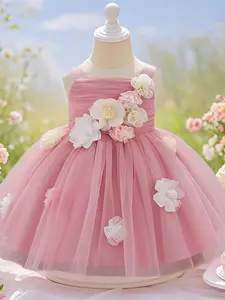Toddler Girl's Floral Mesh Overlay Dress, Cute Romantic Square Neck Floral Print Dress for Party Holiday Wedding Guest, Kids Clothes for All Seasons