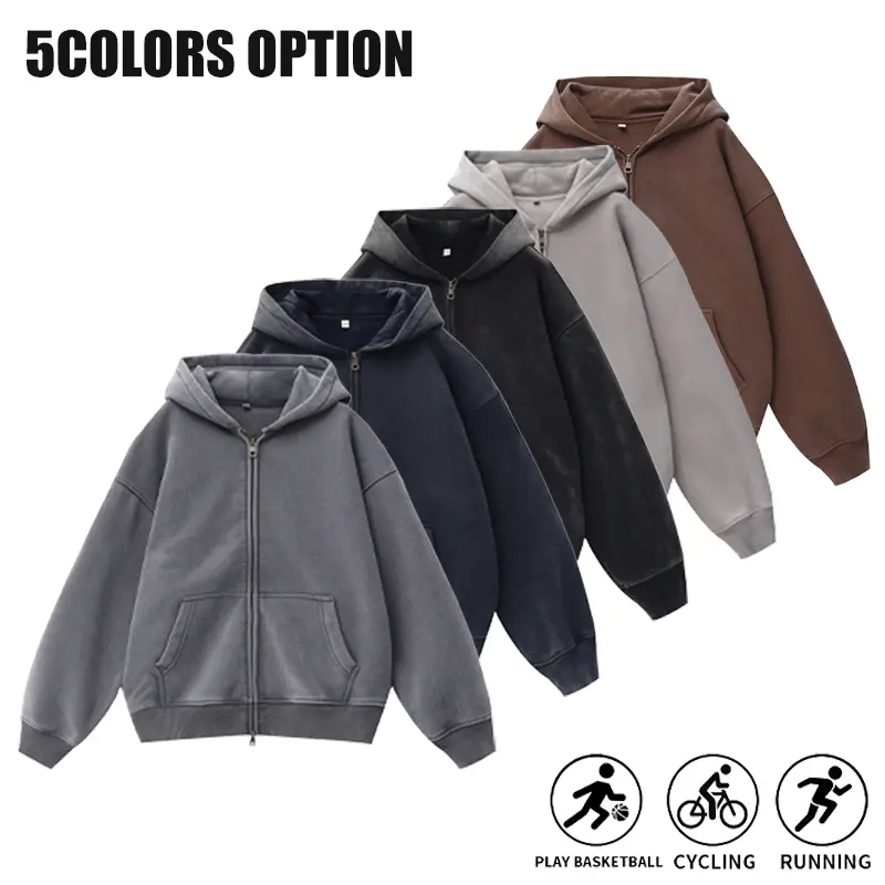 Retro washed distressed zip-up hooded sports jacket for men and women, breathable long sleeves, two kangaroo pockets, open-front design; suitable for basketball, cycling, running, and outdoor wear; versatile basic piece available in multiple colors, coupl