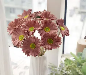 5Pcs Real-Touch Gerbera Daisy Artificial Flowers, Long-Stem PU Faux Bouquet for Home Decor, Table, Office