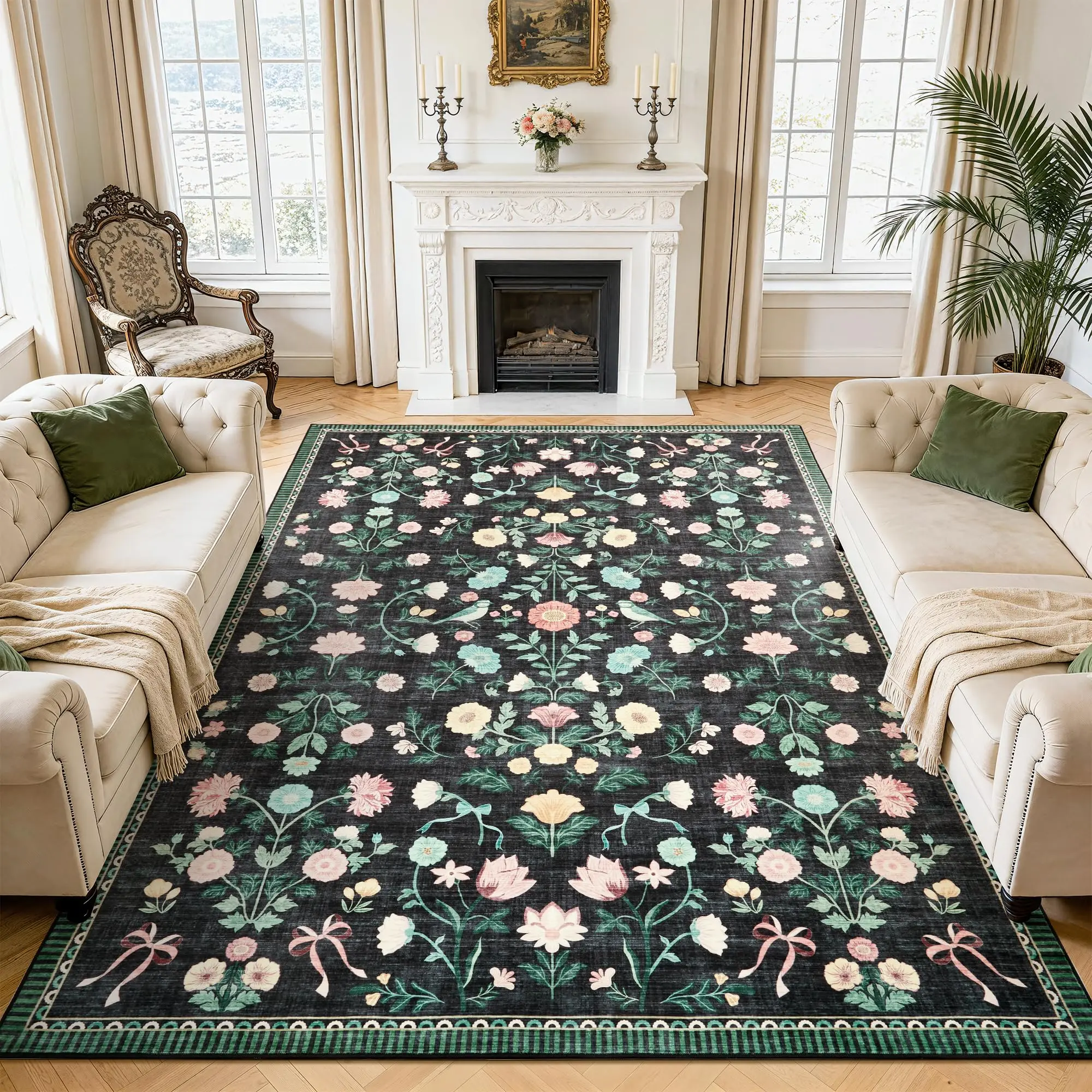 Washable Area Rugs for Dining Room Home Office Decor, Soft Floral Carpet Large Indoor Floor Carpets, Non Slip & Fade Resistant Foldable Mats, Pet & Kids Friendly, Black
