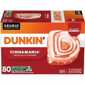 Dunkin' Cinnamania Coffee, K-Cup Pods, Medium Roast, 10/Box, 8 Boxes/Carton