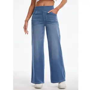 Cotrasen Wide Leg Stretchy Jeans for Women Loose Fit Elastic High Waist Pants Pull On Baggy Fit Jeans Tummy Control Trousers Casual Work Wear (Regular Inseam)