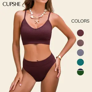 CUPSHE Cocoa Hour Brown Bikini Set Adjustable Straps Mid-Rise Swimsuit with Tummy Smoothing Classic Coverage Bathing suit #SummerVibes