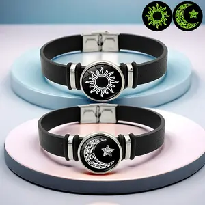 Glow in the Dark Sun & Moon Couple Bracelet Set | Faux Leather Magnetic Clasp Bracelets for Couples, Best Friends & Gift for Valentine's Day, Birthday Modern Fashion Accessories Modern Versatile Accessories Rhinestone Bangle
