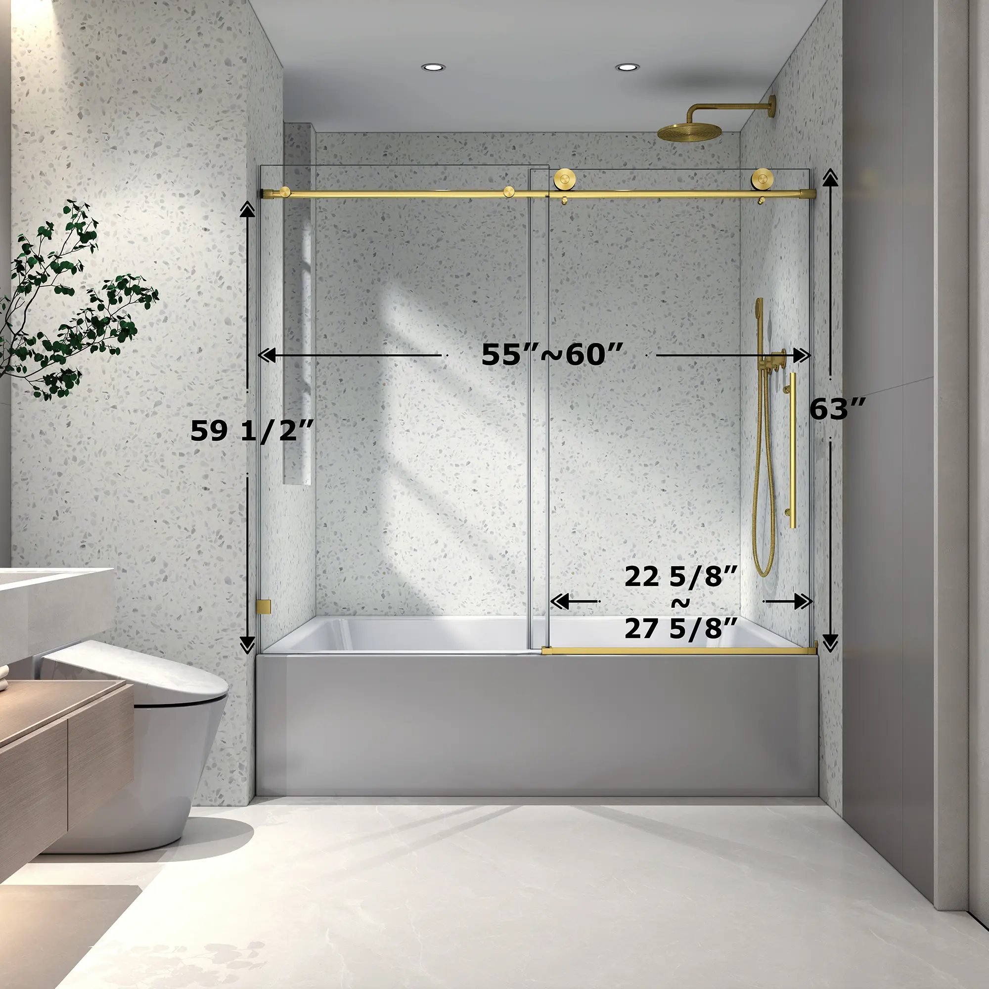 60" W x 63" H Frameless Sliding Shower Door – Brushed Nickel Finish, One Fixed & One Sliding Panel, 70mm 304 Stainless Steel Heavy-Duty Rollers with Adjustable Soft-Close, Nano Easy-Clean Glass Coating