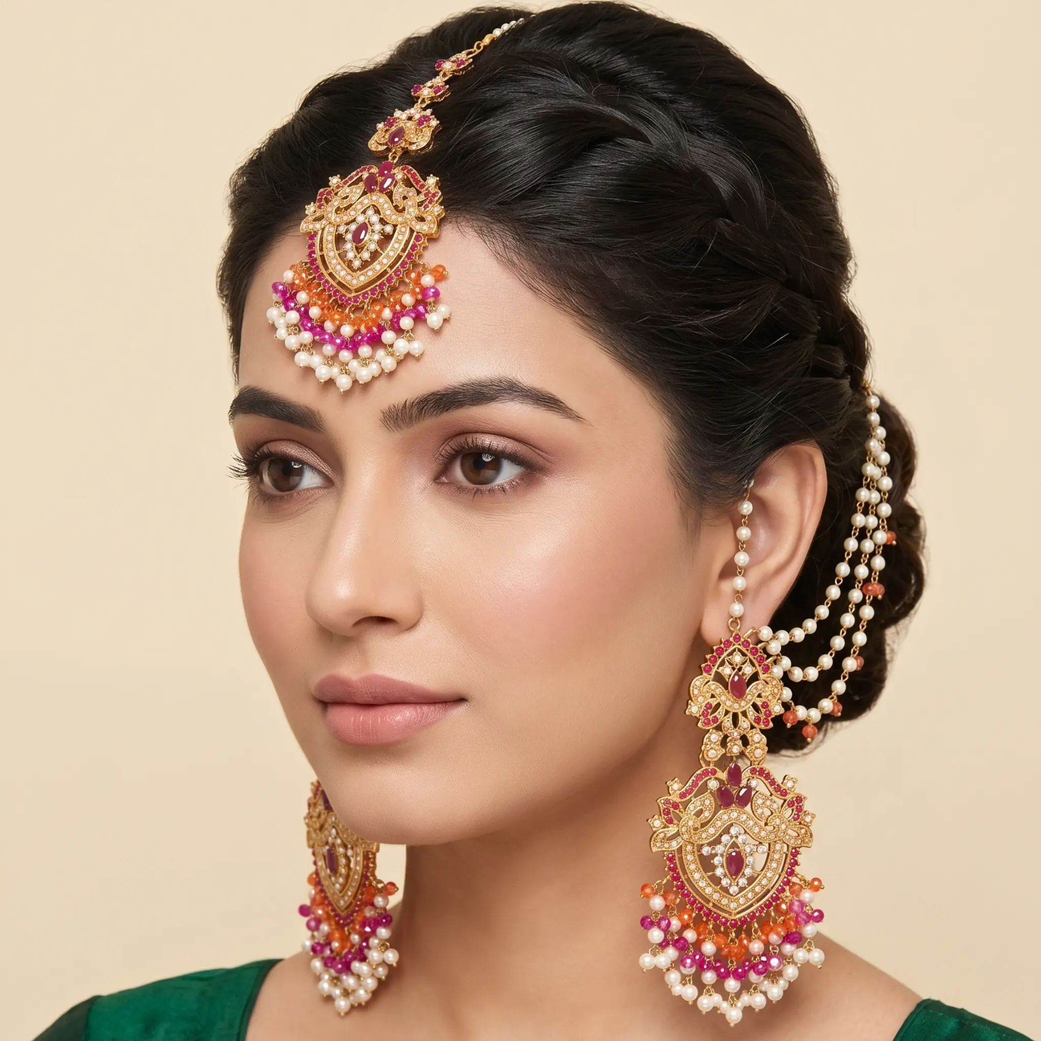 Nauratan Gold-Plated Earrings with Double Sahara & Maang Tikka Set