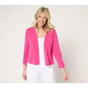 Susan Graver Liquid Knit Shrug with Shirring & Button Detail