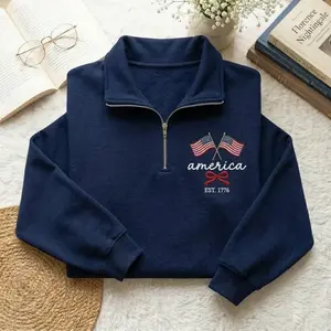 America EST 1776 Embroidered Quarter Zip, USA 250th Anniversary 2026 Sweatshirt, USA Patriotic Flag Crewneck, 4th of July Hoodie, Gift For Her Him