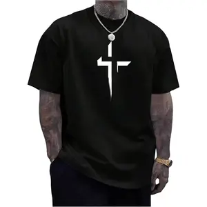 Summer Christian Cross Print Short-Sleeve Jesus T-Shirt, Crew Neck Top, Black Cross