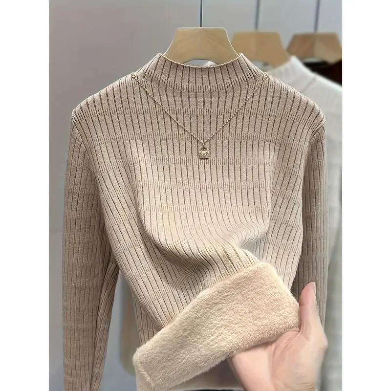 NewWomen's Fleece-Lined Warm Turtleneck Sweater - High Elasticity Long Sleeve Top, Solid Color Versatile Layered Look for All Seasons, Soft Texture Suitable for Casual and Formal Wear Knitwear Womenswear Can be used with a raincoat