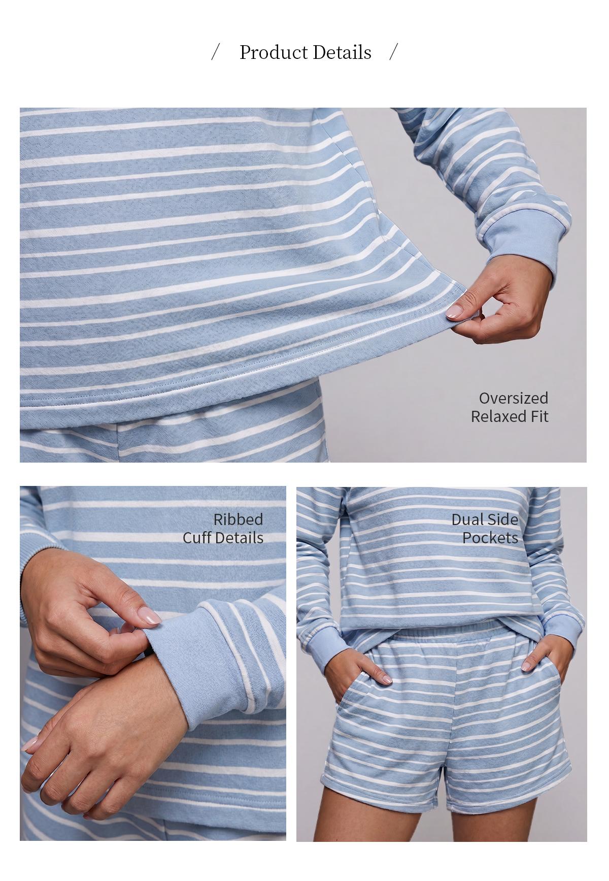 Chicovar Women's Striped Lounge Set, Oversized Long Sleeve Crewneck Top and Shorts Matching Set, Casual Relaxed Fit Two Piece Outfit, Comfy Everyday Loungewear Chicovar Women's Striped Lounge Set, Oversized Long Sleeve Crewneck Top and Shorts Matching Set, Casual Relaxed Fit Two Piece Outfit, Comfy Everyday Loungewear