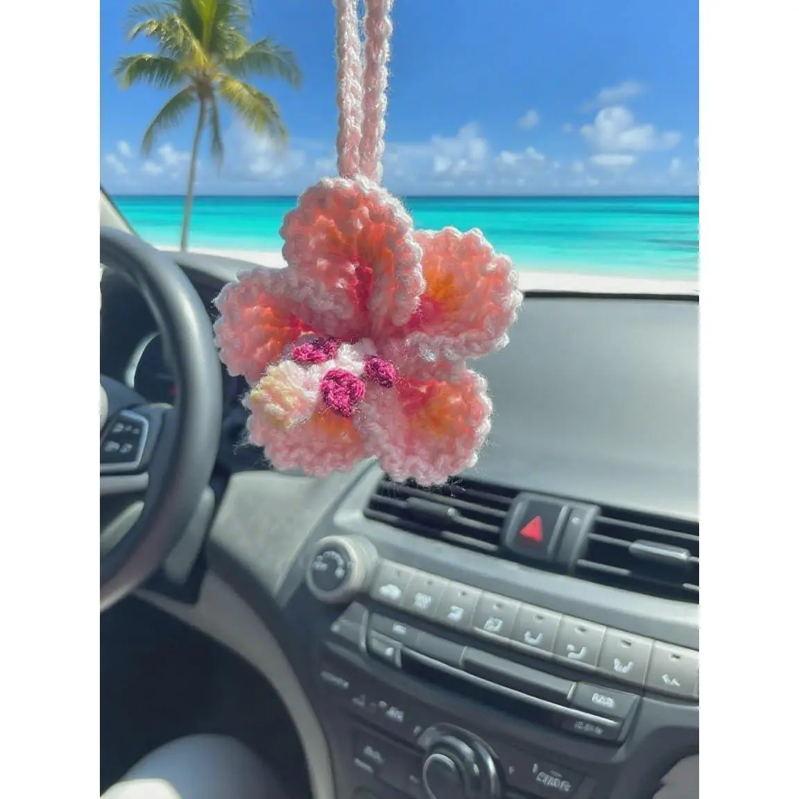 Handcrafted Soft Texture Cotton Crocheted Hibiscus Flower Decorative Hanging Ornament - Car Rearview Mirror Interior Accessory, 16.5x3in Hawaiian Tropical Charm, Ideal Gift for Mom, 6-Month Durability, Synthetic Material