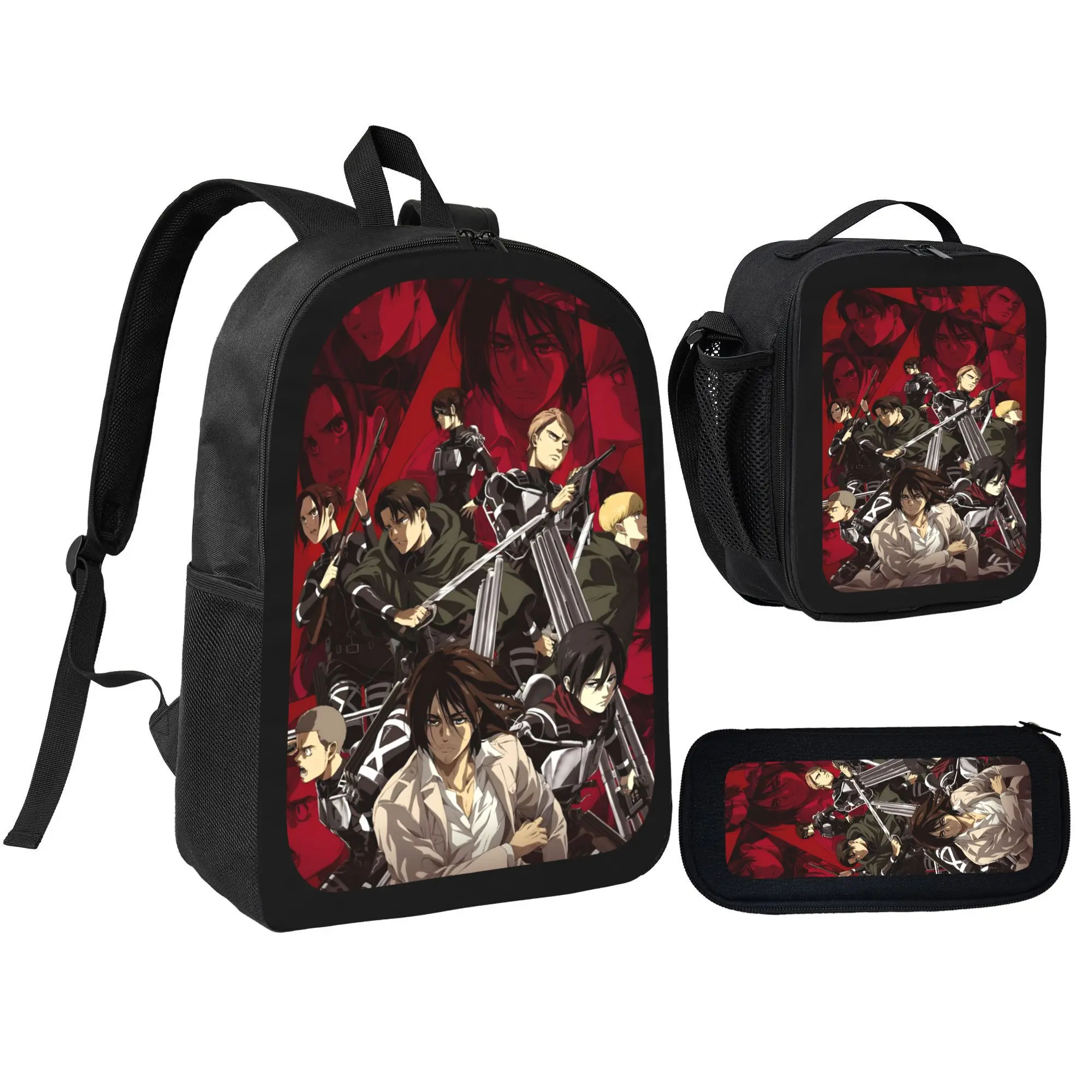 Attack on Titan Anime Backpack Set for Students, 3-Piece Modern 600D Oxford Fabric School Bag with Insulated Lunch Box & Pencil Case, Ergonomic Travel Daypack, Modern Backpack
