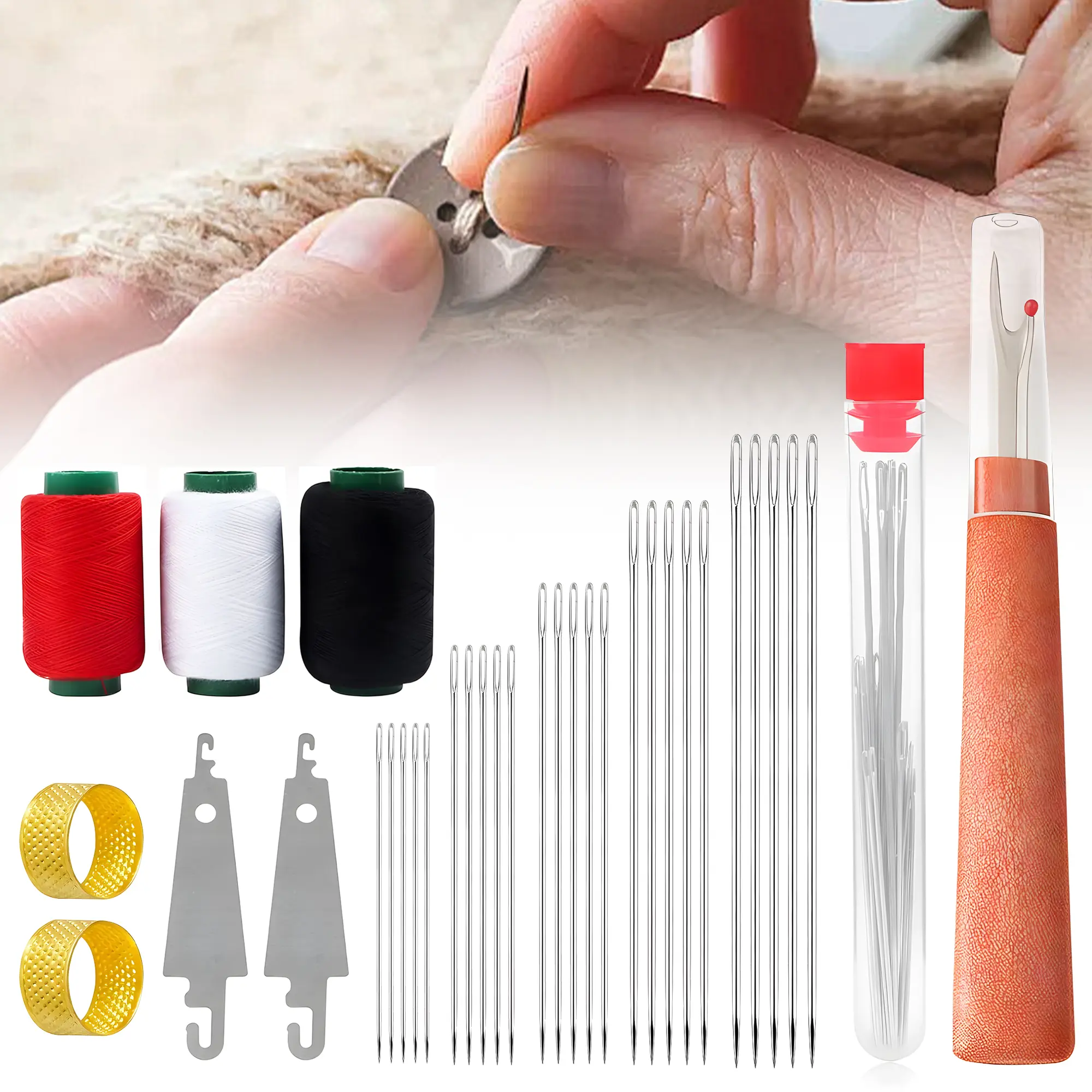 34PCS Big Eye Steel Sewing Needles Kit，Large Eye Stainless Steel Needles, Threader and Needle Repair Kit，Black & White & Red Threads，threaders and seam ripper for easy repairs and DIY crafts.