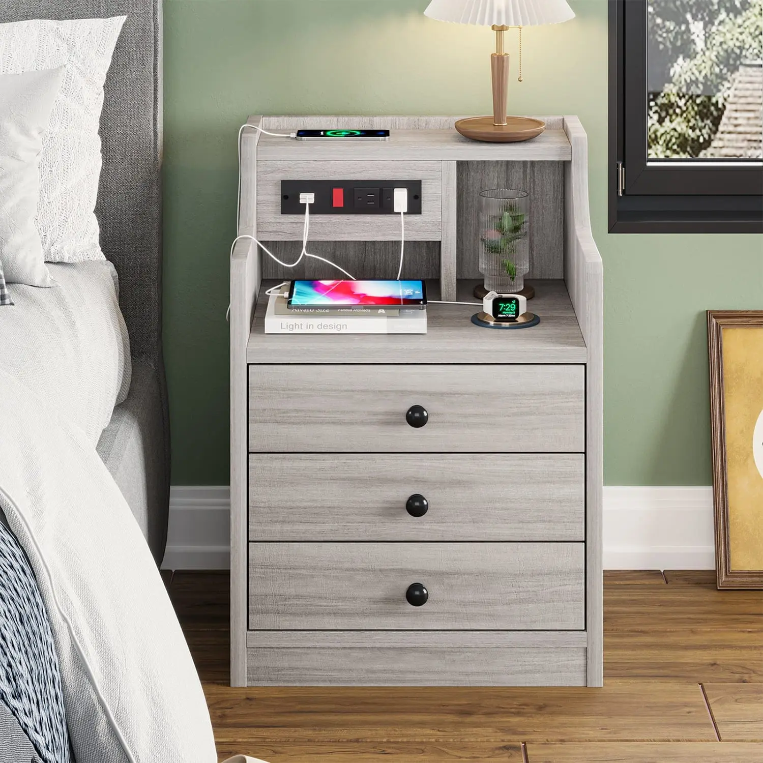 SIKAIC Grey 3-Drawer Bedroom Nightstand with Charging Station - Modern Compact Minimalist Bedside Table, Indoor Side Table with Glide Drawers, Indoor Storage Furniture with Book Hutch, Bedroom Nightstands