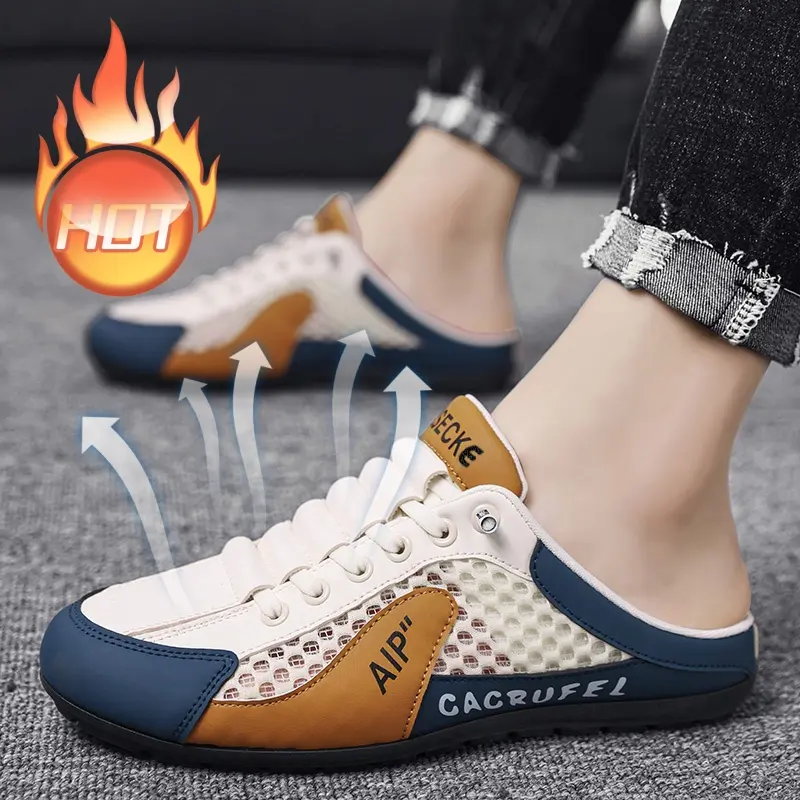Men's Minimalist Slip-On Sneakers - Round Toe, Breathable Mesh Low-Cut Footwear, Split-Color Design, Comfortable EVA Insole, Lightweight, Indoor-Outdoor Use, PU Leather, Synthetic, Letter Print, Walking Shoes