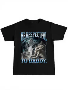 American Trendy Men's Street Skate Party Wolf Print T-Shirt, Casual Fitted Long Sleeve, Music Festival Style, Respect Dad Design