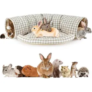 Bunny Tunnel Bed, 2-in-1 Collapsible Tunnel Tubes Toys with Removable Mat Hideout for Cats Kittens Rabbits Guinea Pigs Kitty
