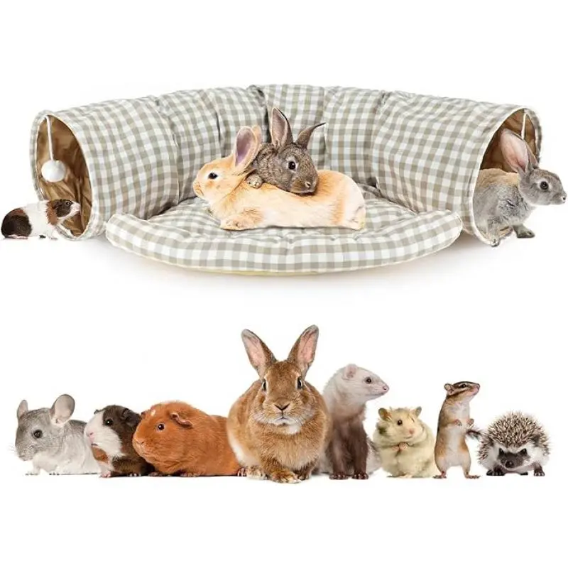 2-in-1 Collapsible Rabbit Tunnel Bed with Detachable Mat, Indoor Cozy Space for Small Animals – Play & Rest Hideout for Rabbits, Guinea Pigs
