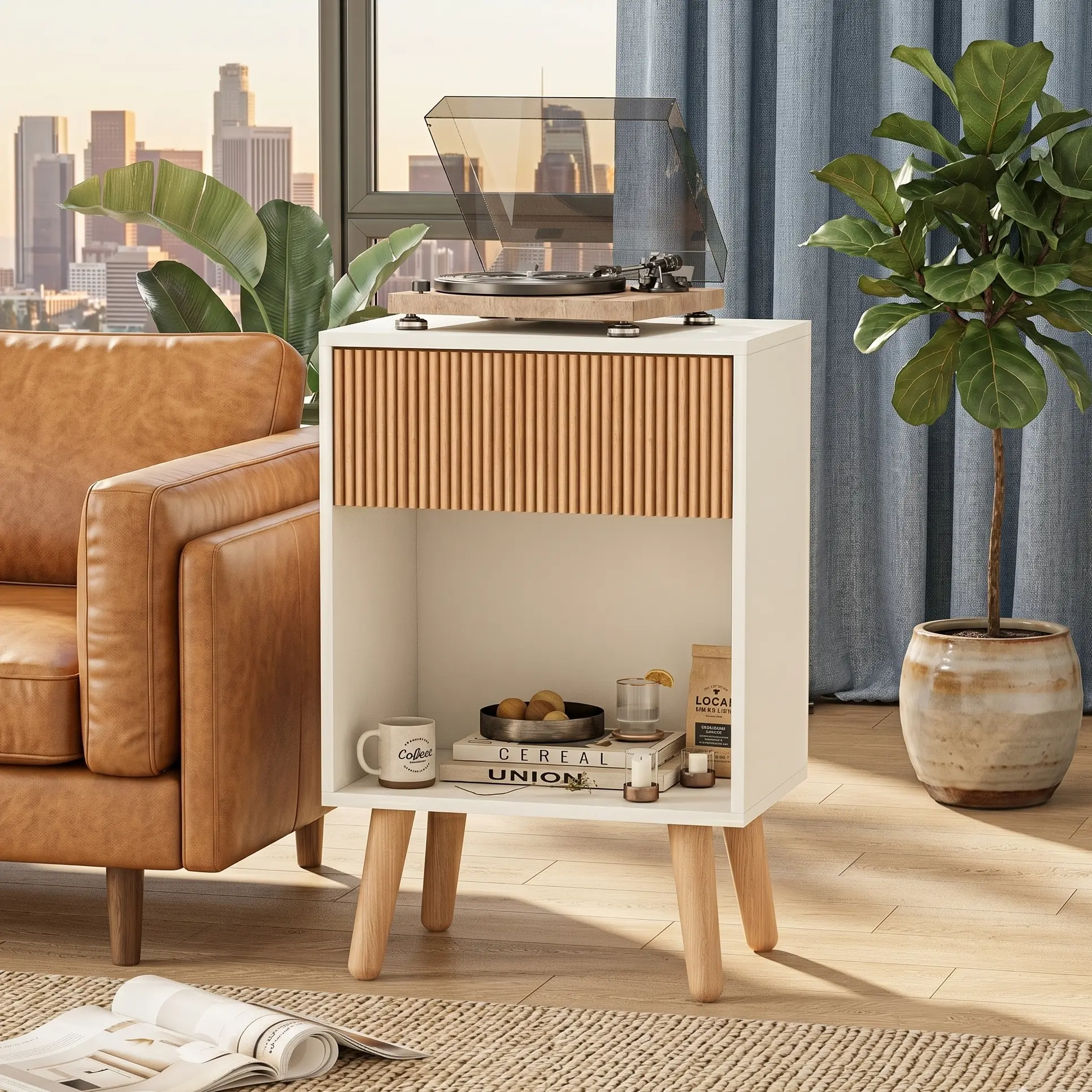 Legendeep Aesthetic Minimalist Fluted Bedside Table, Modern White Nightstand With Wood Drawer & Open Shelf For Room Decor