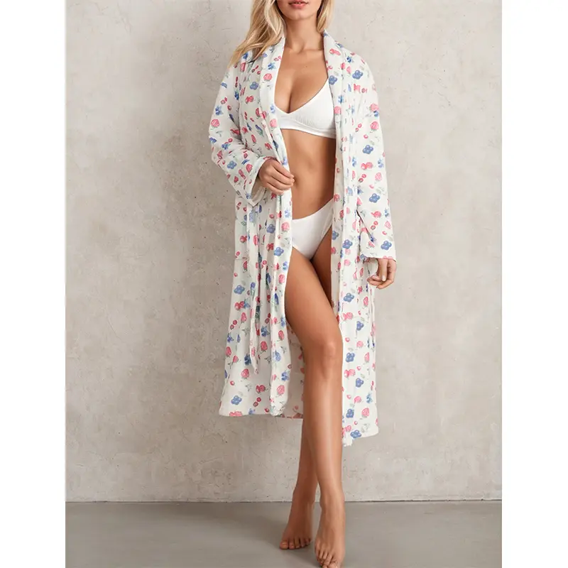 Women's Floral Printed Double-Sided Thick Long-Sleeve Belted Fluffy Plush Bathrobe - Casual Bridal Shawl Loungewear, Warm Fall Winter Everyday Gown with Lightweight Breathable Adjustable Fabric for Indoor & Beach Use, Elegant, Pockets, Nightwear, Fruit, F