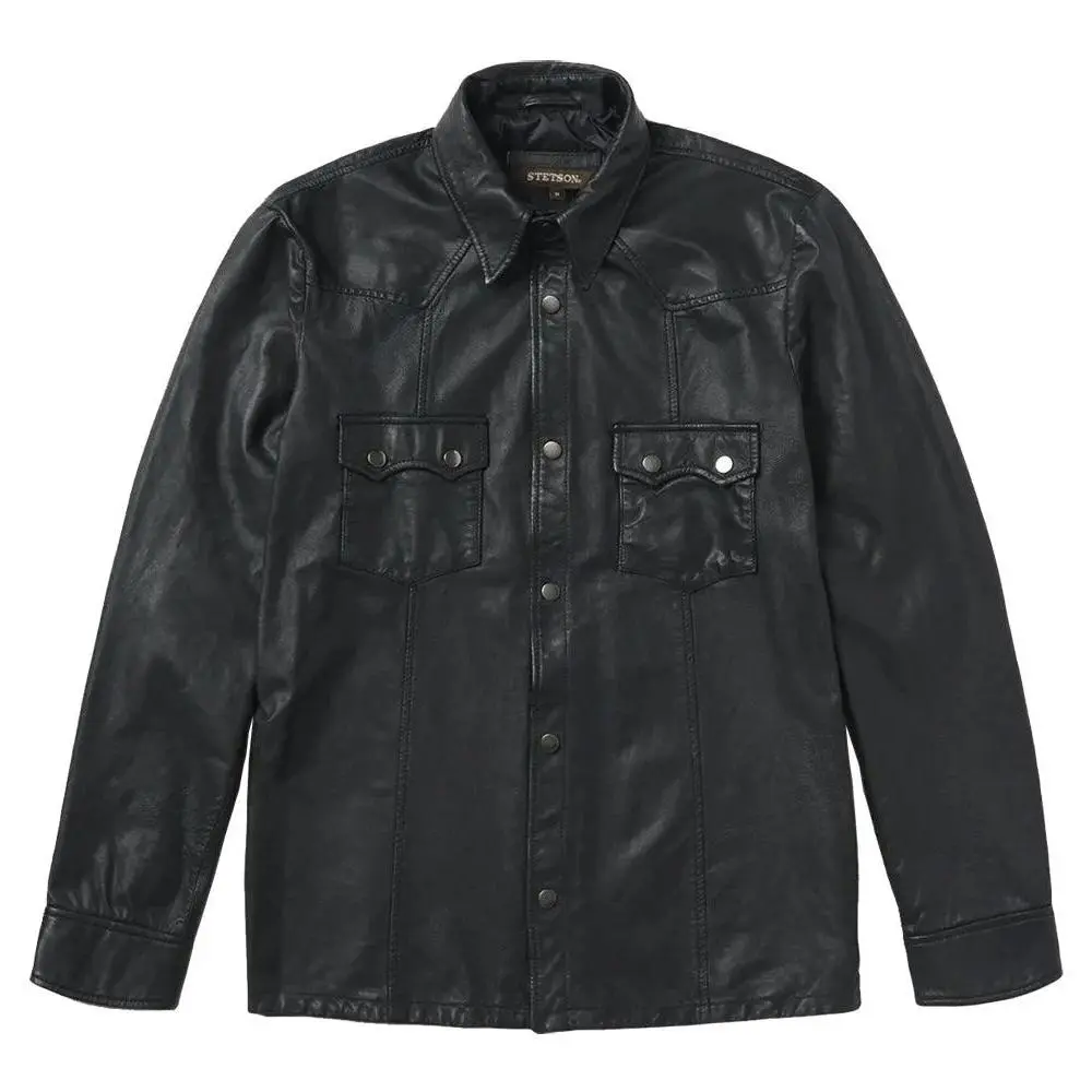 Stetson Leather Western Shirt Jacket (Black) - Men's Leather Jacket