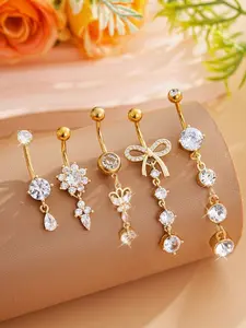 Butterfly & Water Drop Flower Belly Button Rings Set, Cubic Zirconia Pendant Navel Piercing Jewelry, Sparkling Zirconia Beach Vacation Wear, Body Piercing Jewelry