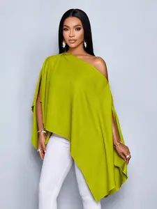Women's Asymmetric Hem Linen Shirt, Single Shoulder Cape Sleeve Design, Casual Fashion Top for Daily Wear, Comfortable and Stylish