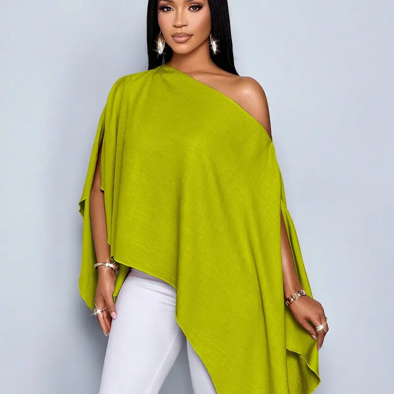 Women's Asymmetric Hem Breathable Linen Shirt, Single Shoulder Cape Sleeve Design, Casual Fashion Top for Daily Wear, Loose Fit, Comfortable and Stylish, Blouse, Womenswear, Asymmetric Hem Tops