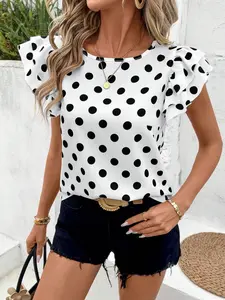 Summer Fashion Women's French Tuck Polka Dot Ruffle Shirt, Short Sleeve Loose-Fit Pullover, Casual Business Style, Office Wear